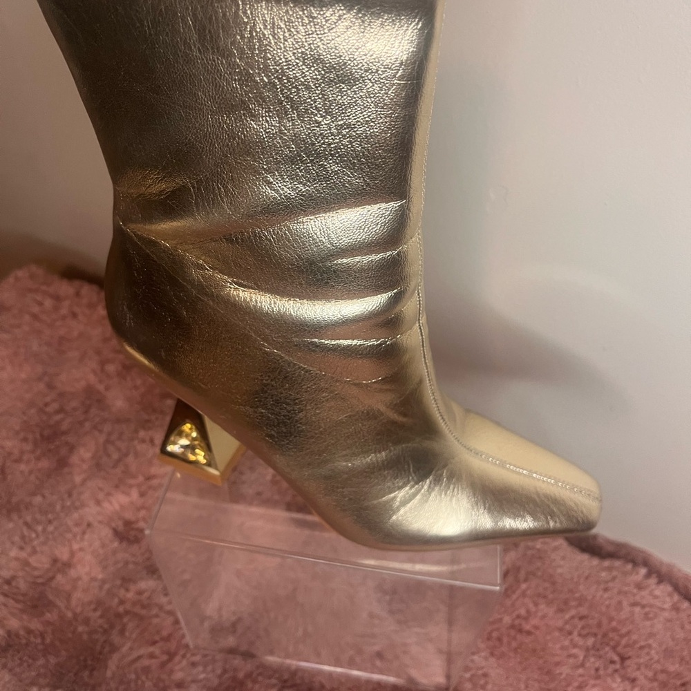 Gold Heeled Boots with Pyramid Heel and Slouchy Design